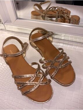 Women's Metallic Gold Strappy Sandals with Ankle Buckle